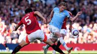 Manchester City's Kevin De Bruyne in action during last weekend's derby tie against Manchester United. Pic: PA