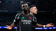 Arsenal's Bukayo Saka (L) celebrates with Gabriel Martinelli after scoring the opening goal. Pic: AP